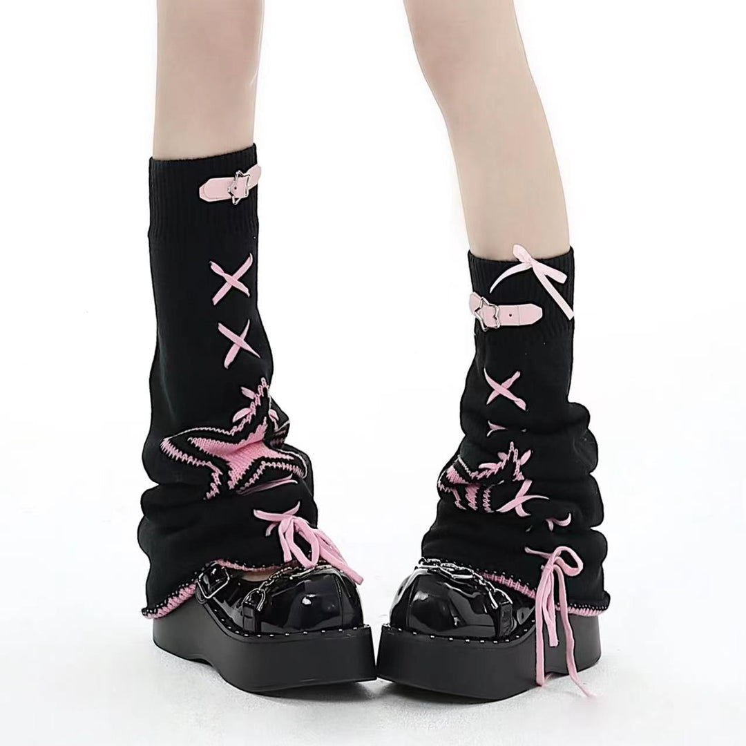 Kawaii Leg Warmmers Star Leather Buckle Socks Black White Pink 32458:423206 32458:423206