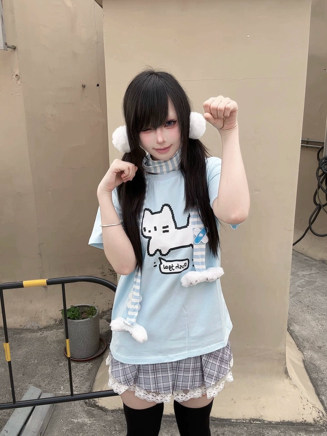 Water Blue Jirai Kei Cotton T-Shirt with Pixel White Cat Print 42853:755393
