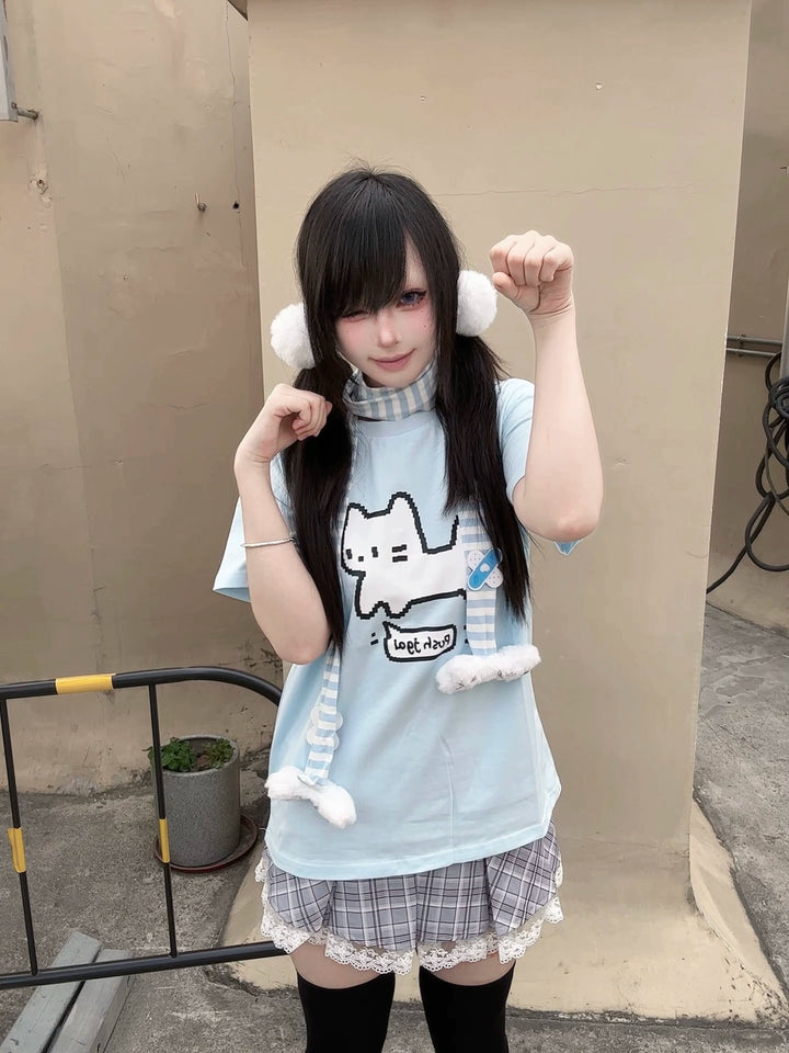 Water Blue Jirai Kei Cotton T-Shirt with Pixel White Cat Print 42853:755393