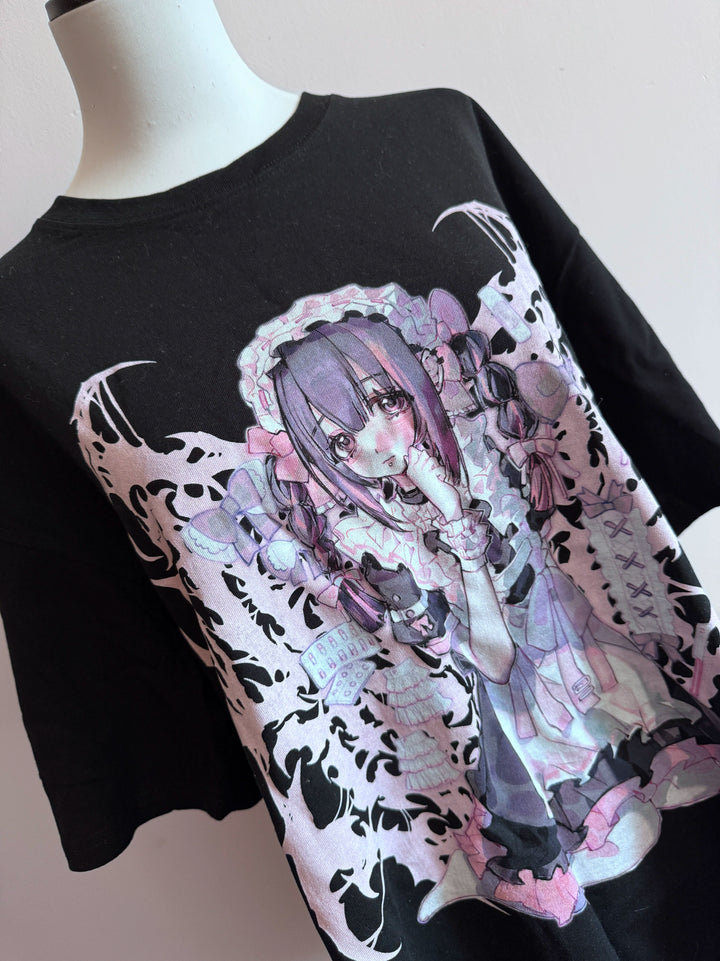 Cotton Jirai Kei Oversized T-shirt With Anime Girl Prints (Black) 43061:764144