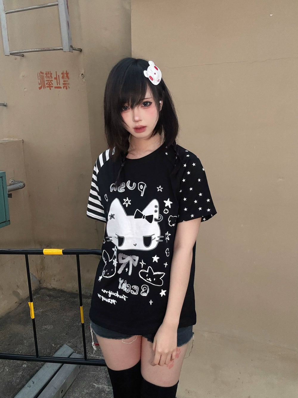 Kawaii Otaku Anime Cat Print Cotton Shirt Black & White 42851:755342