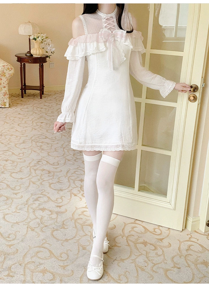 Open Shoulder Ryousangata A-Line Dress with Lace & Bow 43070:764342