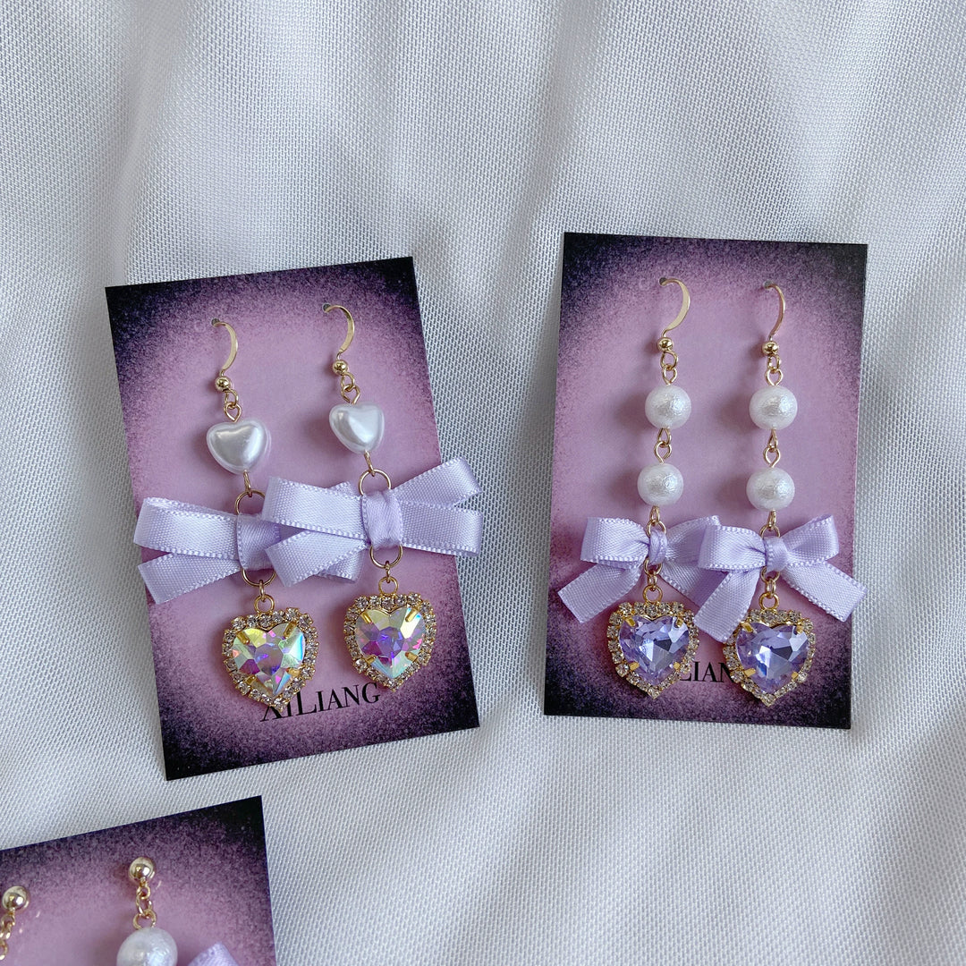 Purple Jirai Kei Earrings with Ribbon Bow Rhinestone & Pearl Detail 41730:712136