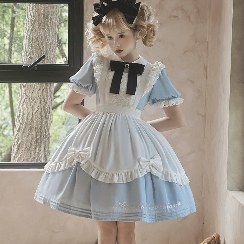 Classic Lolita Dress Short Sleeve Maid-style OP Dress With Apron Blue OP (with apron) / L Classic Lolita Dress Short Sleeve Maid-style OP Dress With Apron Blue OP (with apron) / L