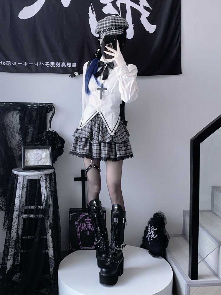 Gothic Outfit Black Jacket White Blouse Plaid Tiered Skirt (L M S) 42237:733410