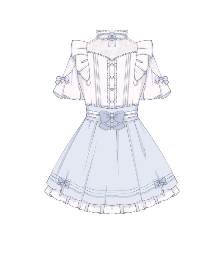 Lace Shoulder Jirai Kei Blouse + High Waist Skirt, Cross Pendant (2XL 3XL L M S XL XS) 35596:538218