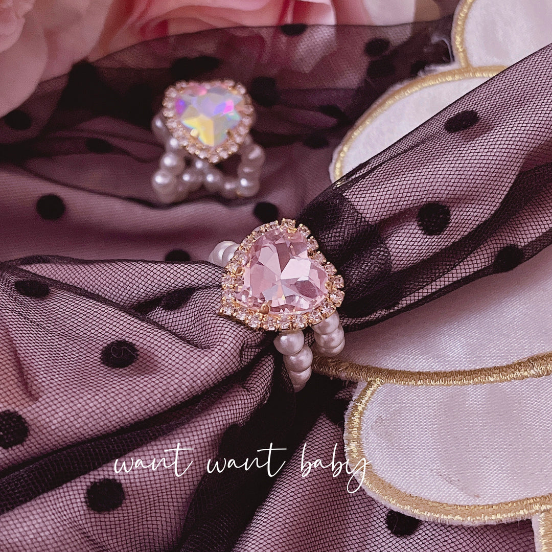 Jirai Kei Rings Shiny Rhinestone Pearl Handmade Ring (Pink) 38882:613266