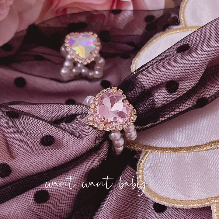 Jirai Kei Rings Shiny Rhinestone Pearl Handmade Ring (Pink) 38882:613266