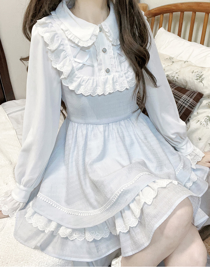 Elegant Dress Blue White Long-sleeved Dress Daily Wear 42241:736291