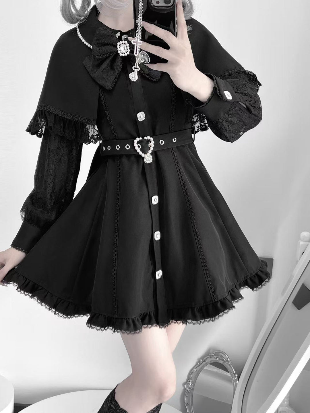 Long Sleeved Jirai Kei Dress with Detachable Cape & Pearl Bow 42783:752948