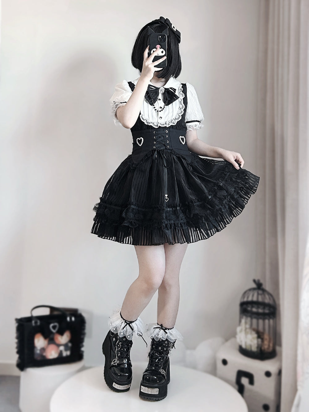 Jirai Kei Dress With Striped Tiered Skirt Hem & Corset Waist 42597:748494