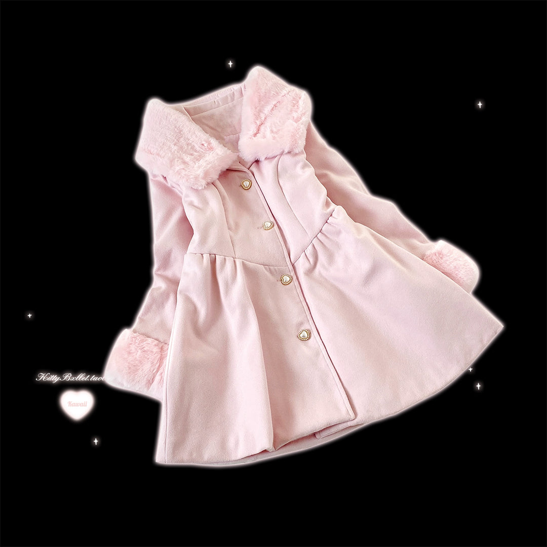 Jirai Kei Coat Detachable Fur Collar Dress Wool-like Jacket (Pink) 40416:667664