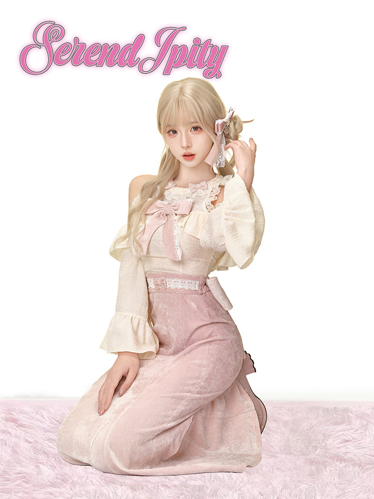 Ankle-length Ryousangata Pink Skirt Set | Open-shoulder Blouse 42600:746199