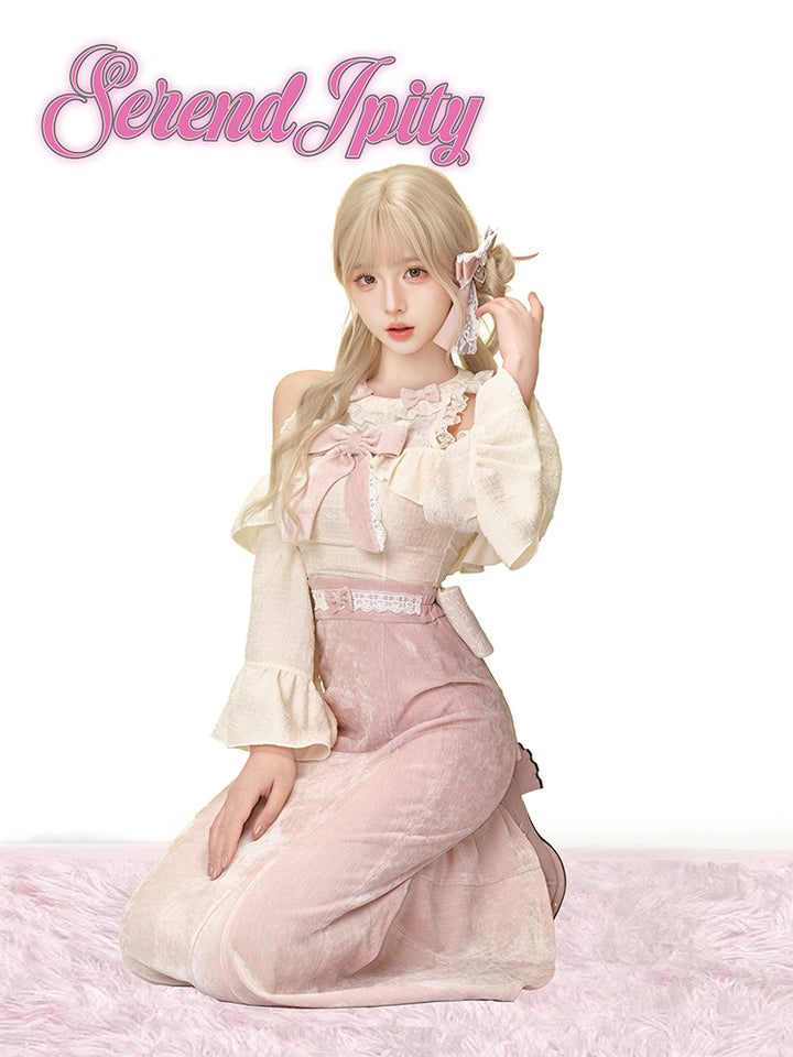 Ankle-length Ryousangata Pink Skirt Set | Open-shoulder Blouse 42600:746199