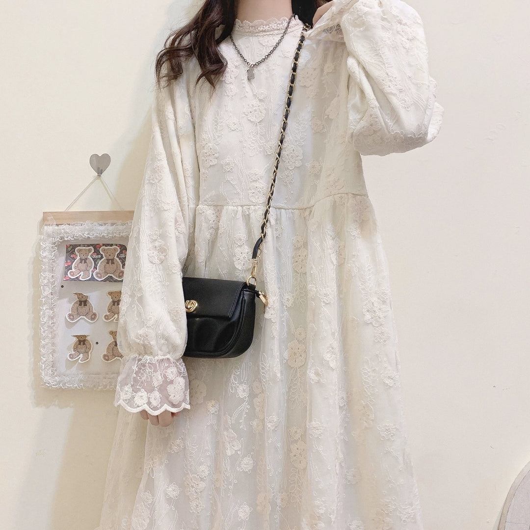 Mori Kei Dress Lace Long Sleeve Fleece-Lined Dress 39434:635840