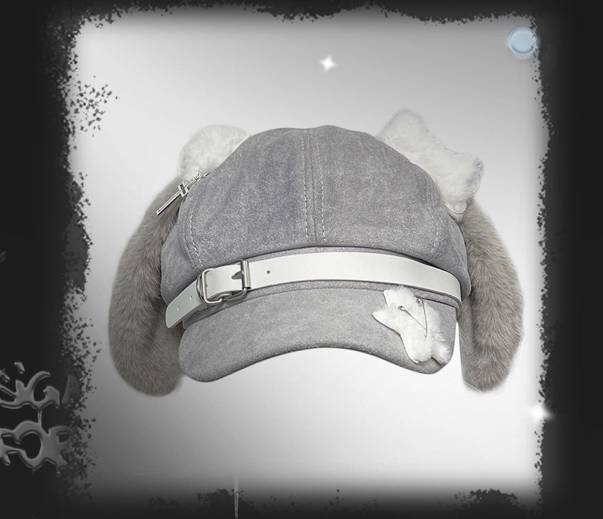 Yami Kawaii Grey Beret with Dog Ears and Bone Plush Accent 42644:747781