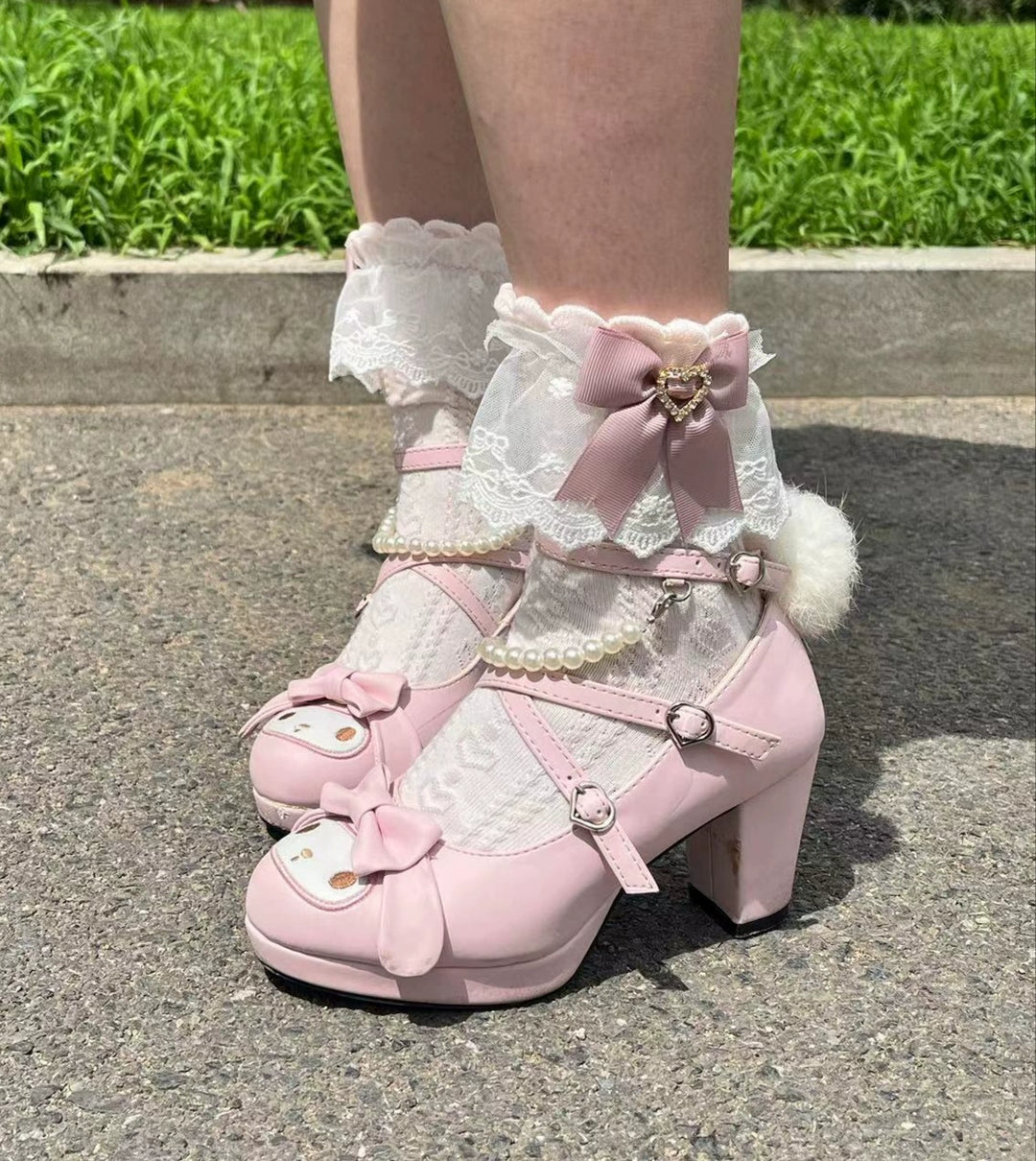 Jirai Kei Socks With Lace Trim And Heart-shaped Rhinestone 21576:311510