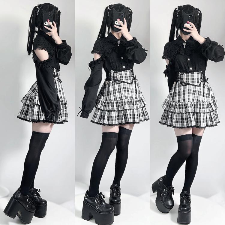 Tiered Ruffle Jirai Kei Skirt | Elastic Waistband | Square Rhinestone 42559:745092