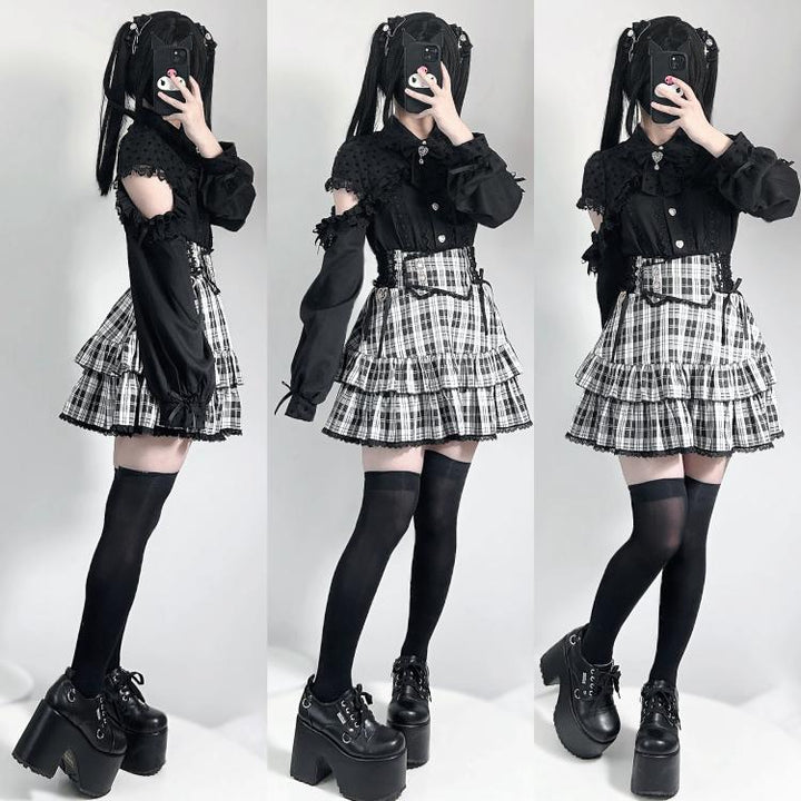 Tiered Ruffle Jirai Kei Skirt | Elastic Waistband | Square Rhinestone 42559:745092