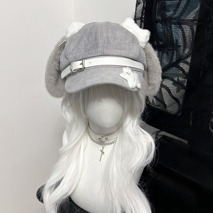 Yami Kawaii Grey Beret with Dog Ears and Bone Plush Accent 42644:747792