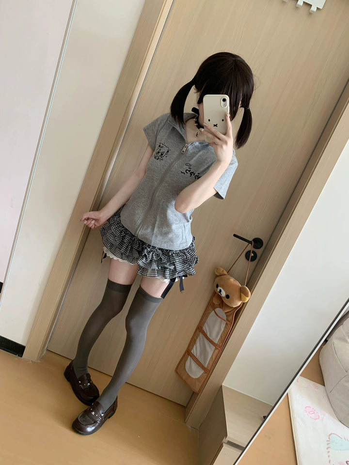 Plaid Kawaii Mini Skirt, Built-In Shorts With Bow & Scalloped Hem 43323:775110