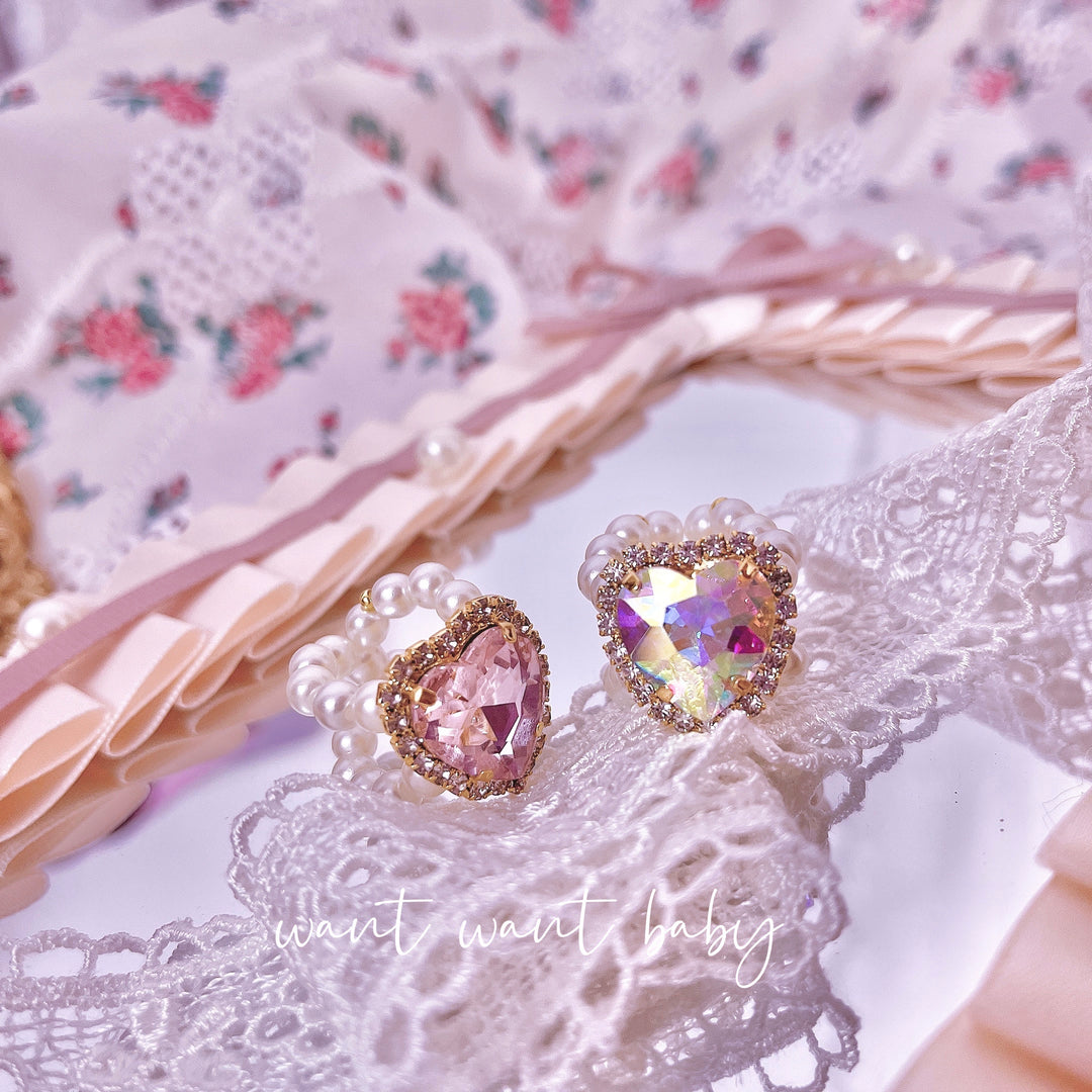 Jirai Kei Rings Shiny Rhinestone Pearl Handmade Ring 38882:613274