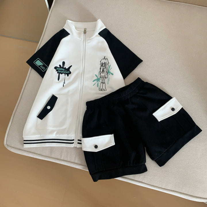 Jirai Kei Black Sport Set Loading Print Zip Jacket and Shorts (L M S) 42895:757174
