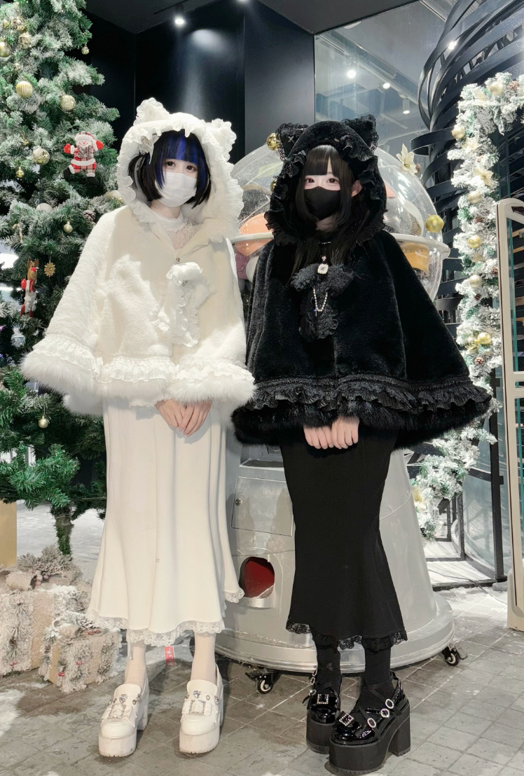 Jirai Kei Winter Coat Fleece Hoodie Cape Coat With Cat Ears Jirai Kei Winter Coat Fleece Hoodie Cape Coat With Cat Ears
