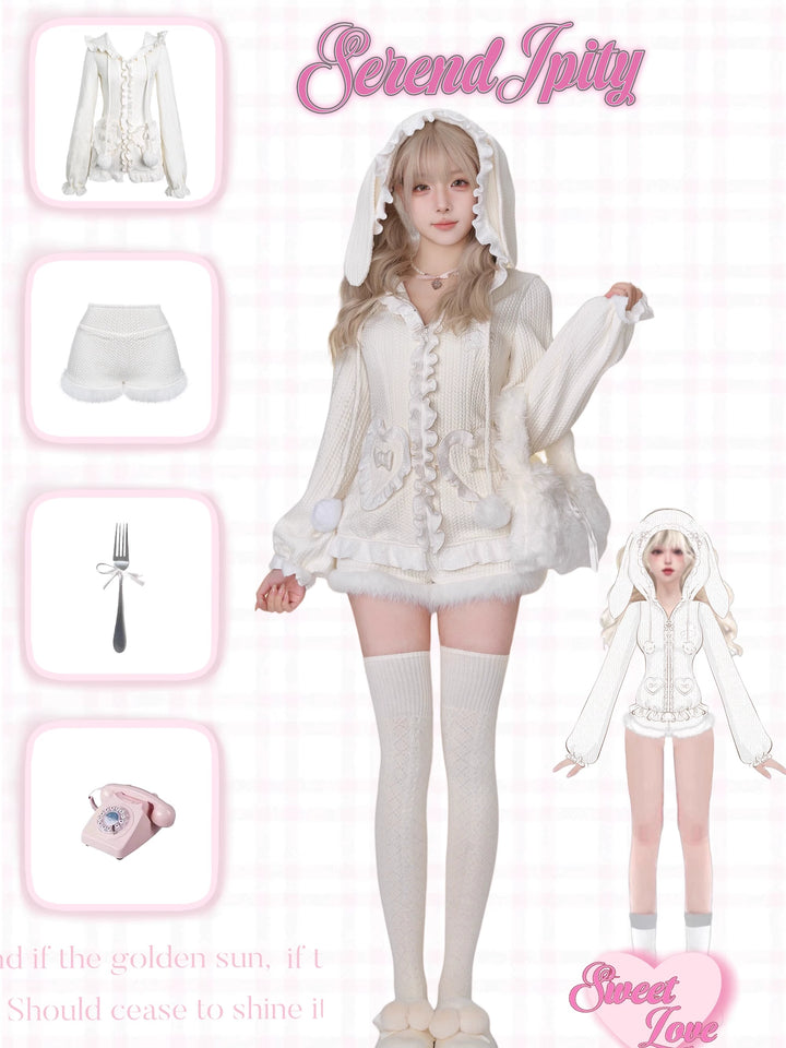 Kawaii Cardigan White Knitted Bunny Hoodie And Shorts 41128:692126