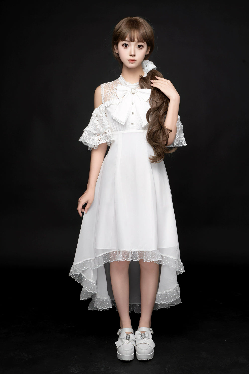 Elegant Long Jirai Kei Dress, Lace Ruffle Open-Shoulder (White / L M S XL XS) 43651:782327
