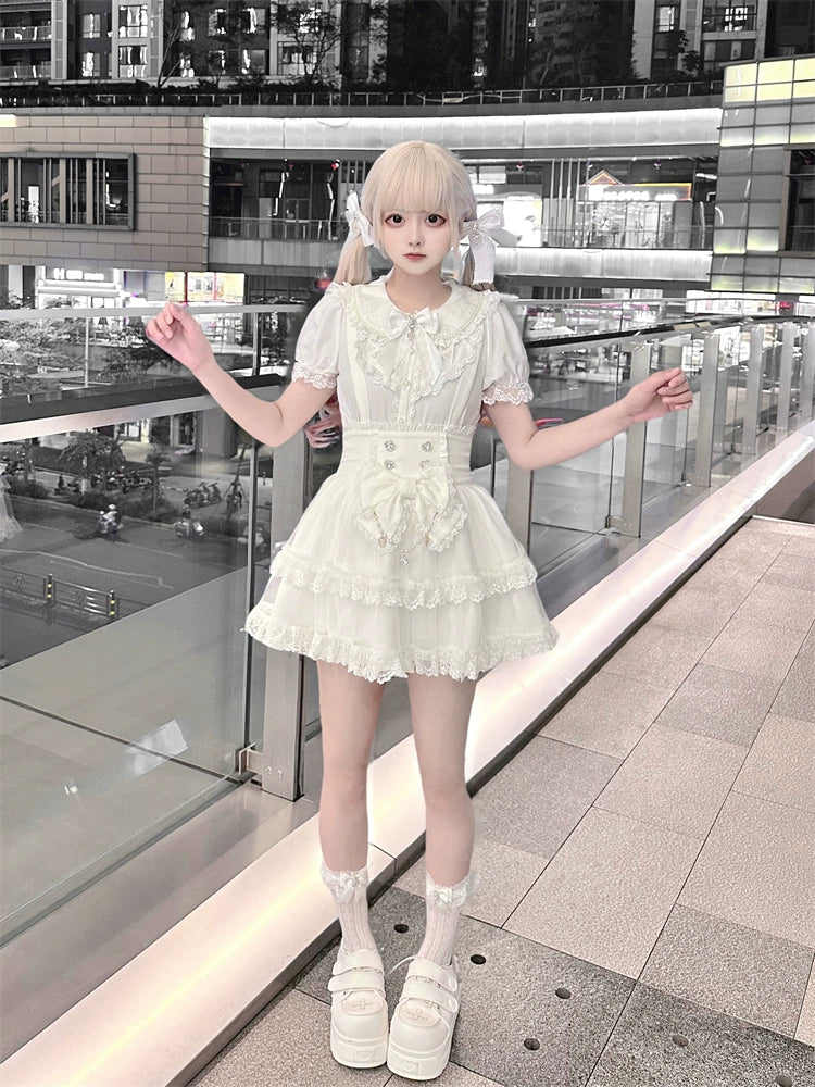 White Ryousangata Suspender Skirt, Peter Pan Collar Blouse 43475:777749