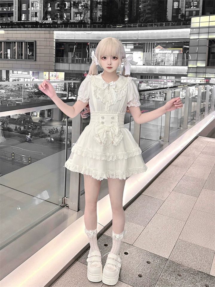White Ryousangata Suspender Skirt, Peter Pan Collar Blouse 43475:777749