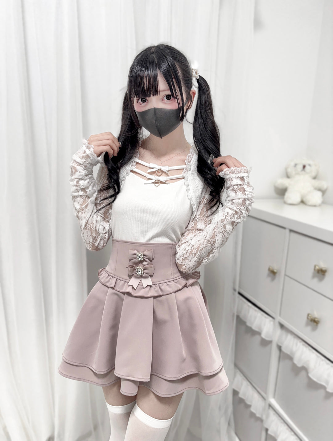 Cotton Jirai Kei Knitted Blouse with Lace Sleeves (L M) 42858:755679