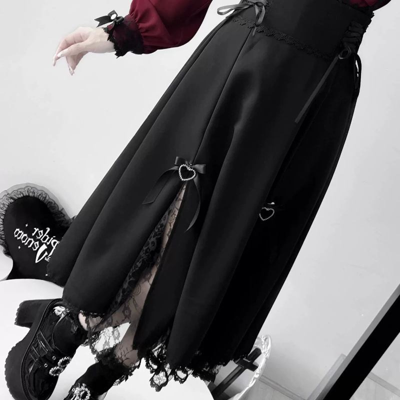 Lace Cut-Out Jirai Kei Blouse + Black Long High-Waist Lace-Up Skirt (2XL L M S XL) 41720:711584