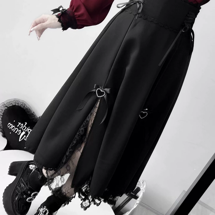 Lace Cut-Out Jirai Kei Blouse + Black Long High-Waist Lace-Up Skirt (2XL L M S XL) 41720:711584