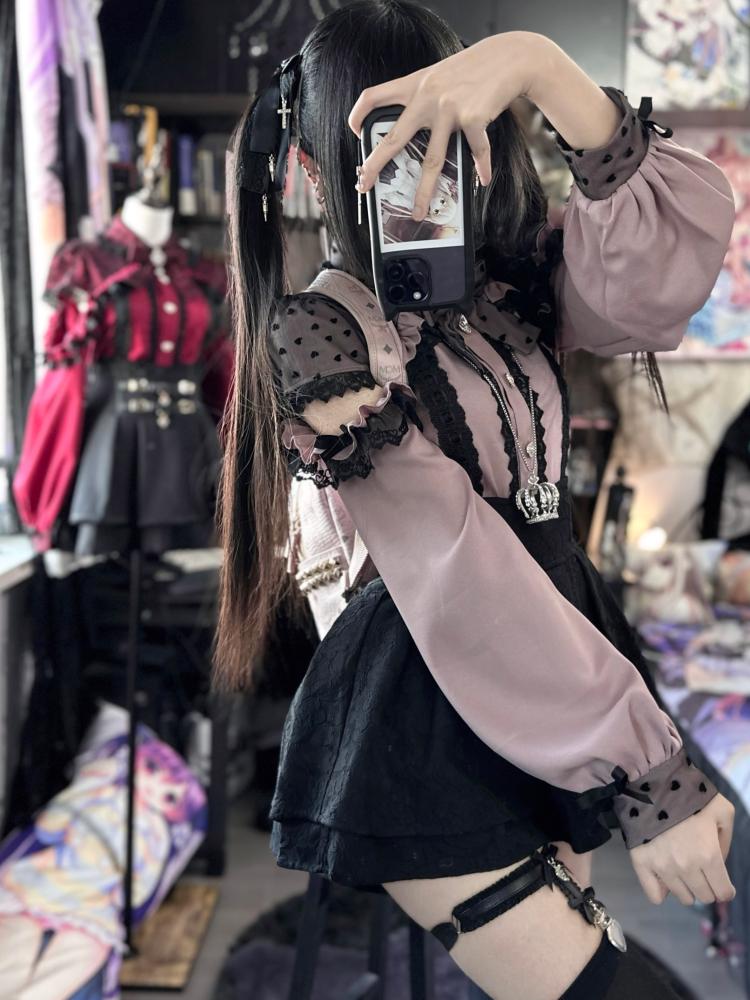 Jirai Kei Blouse, Lace Open Shoulder, Dolka Dots 34044:486416