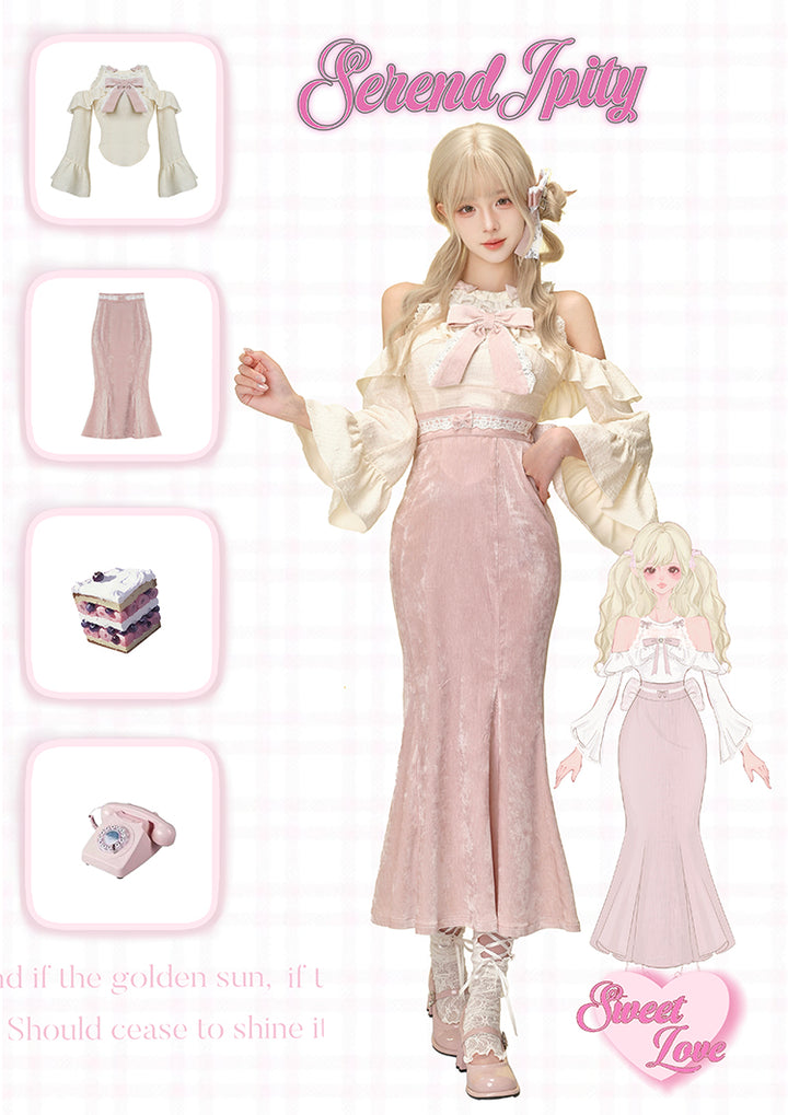 Ankle-length Ryousangata Pink Skirt Set | Open-shoulder Blouse 42600:746212