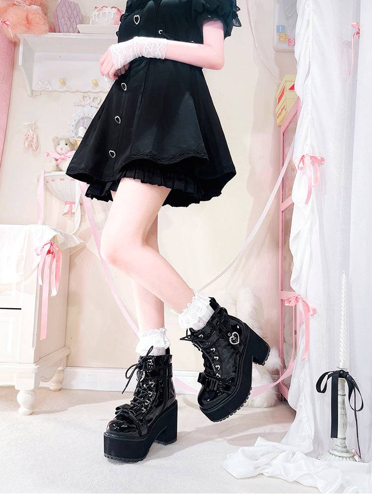 Jirai Kei Shoes Ankle Boots with Heart Pearl Buckle Detail – Honey