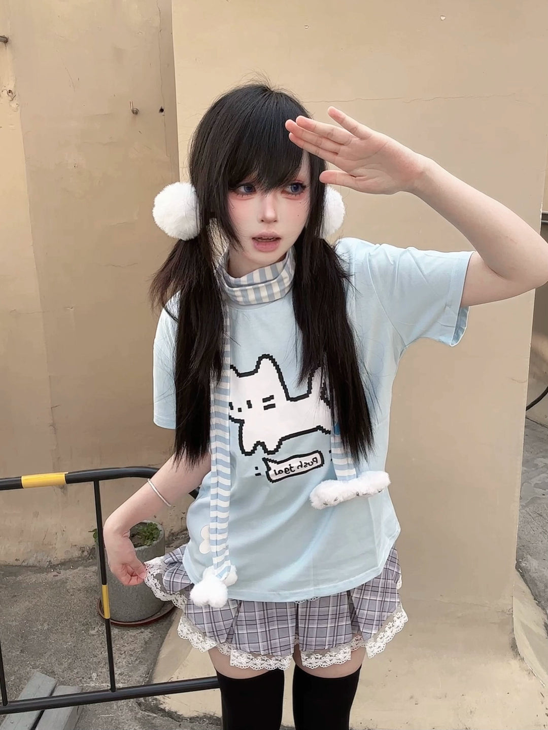 Water Blue Jirai Kei Cotton T-Shirt with Pixel White Cat Print 42853:755376