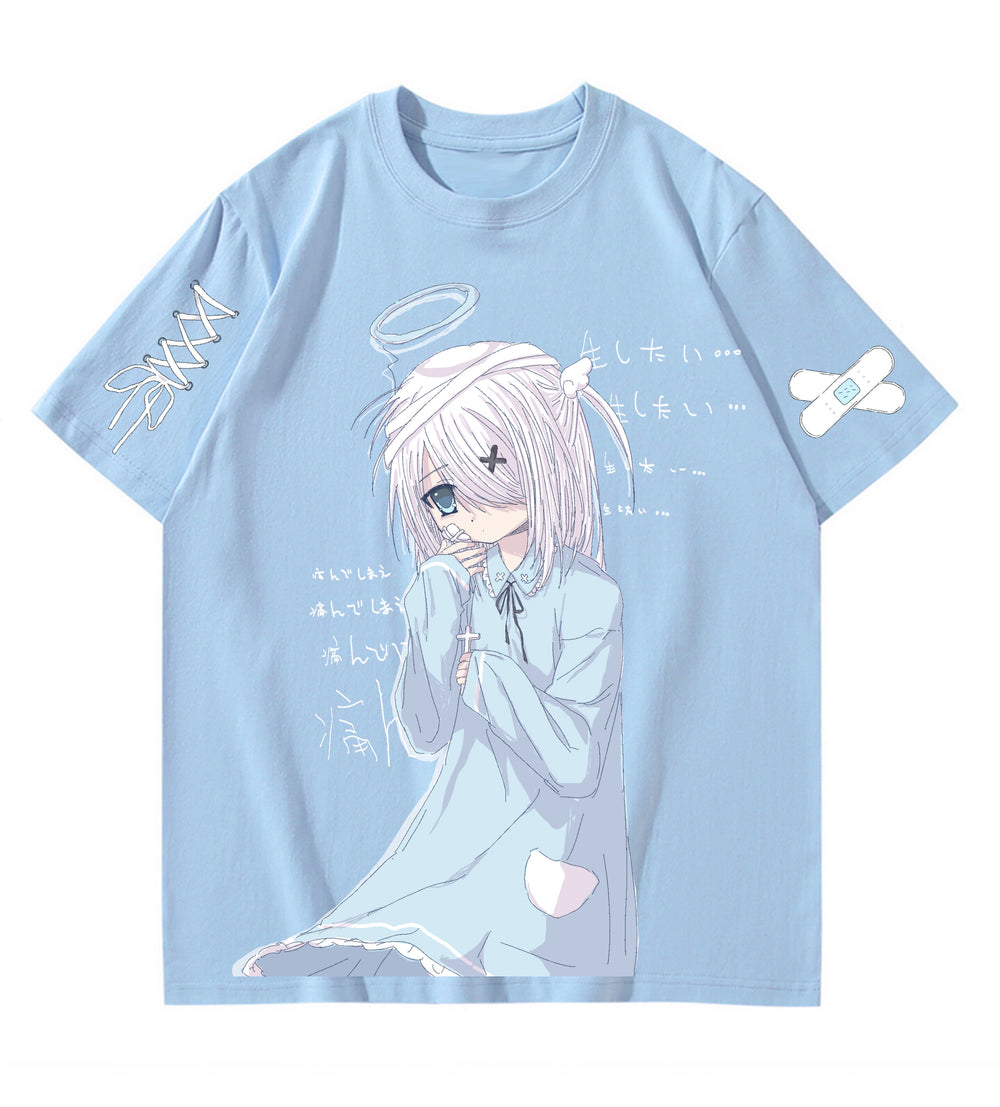 Jirai Kei White Blue Short-sleeved T-shirts (2XL 3XL L M S XL / Blue) 29224:343272 (2XL 3XL L M S XL / Blue) 29224:343272