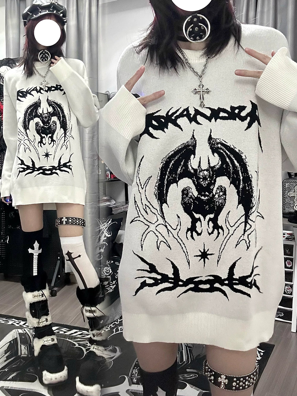Punk Sweater White Bat Embroidered Sweater 39788:640188