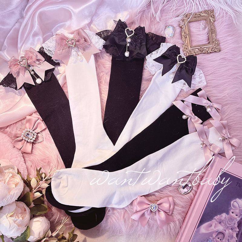 Jirai Kei Socks Black White Pink Blue Bow Lace Socks 21754:320562