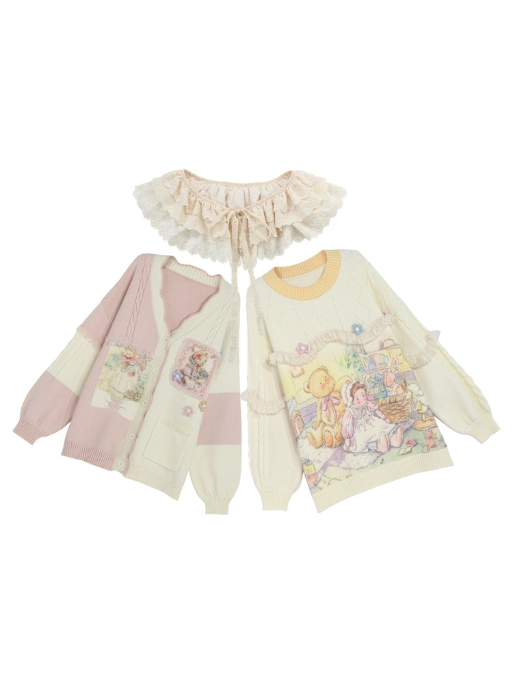 Mori Kei Beige Pink Knitted Cardigan Brown Skirt Set 22718:335642 22718:335642