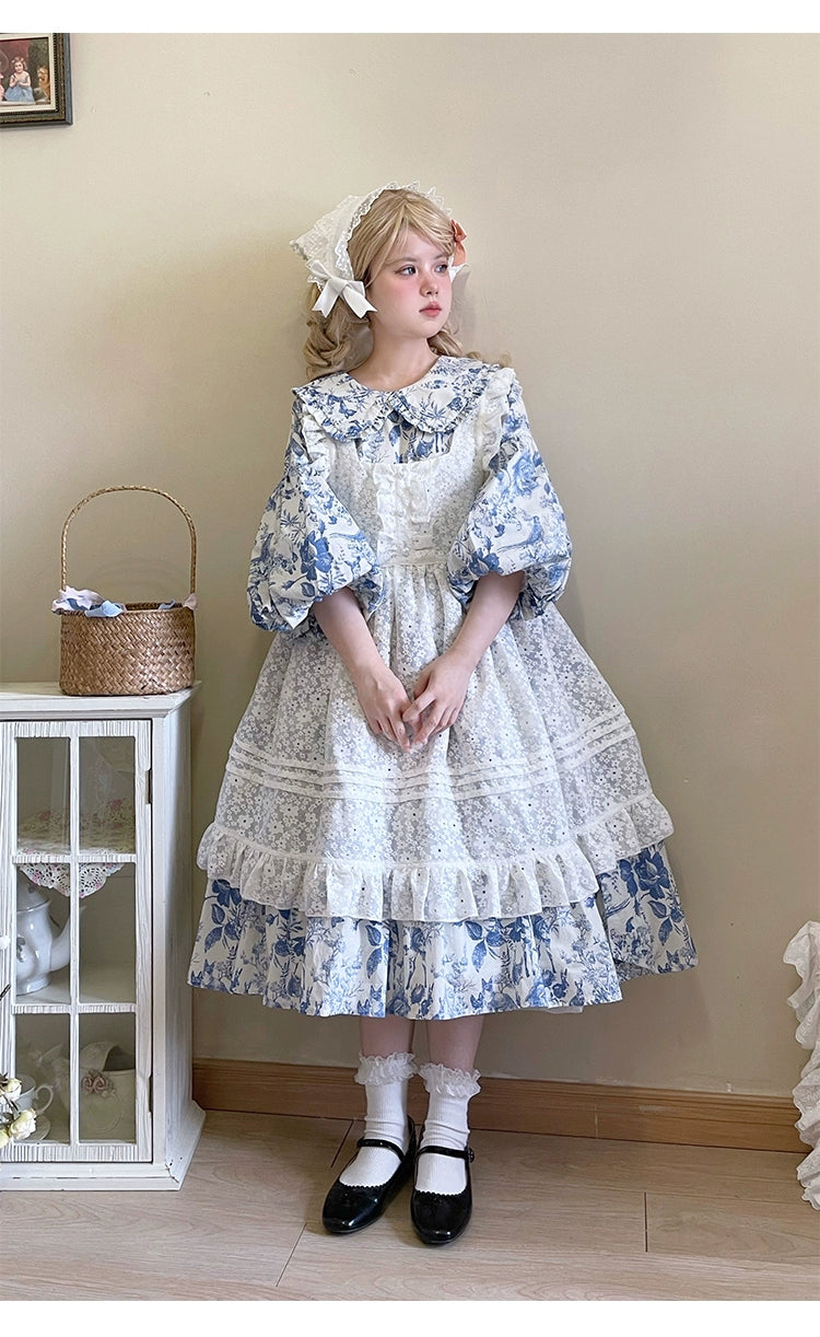 Country Lolita Apron With White Lace Floral And Heart Button 36556:531278