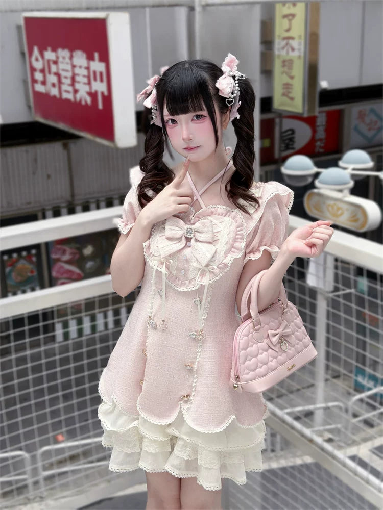 Pink Tweed Rousangata Dress, Front Heart Decoration Pink Dress / L