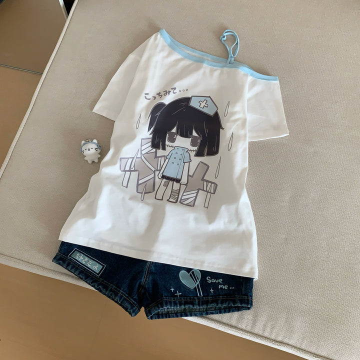 Yami Kawaii Otaku Off-Shoulder T-Shirt with Adjustable Strap 42903:757273