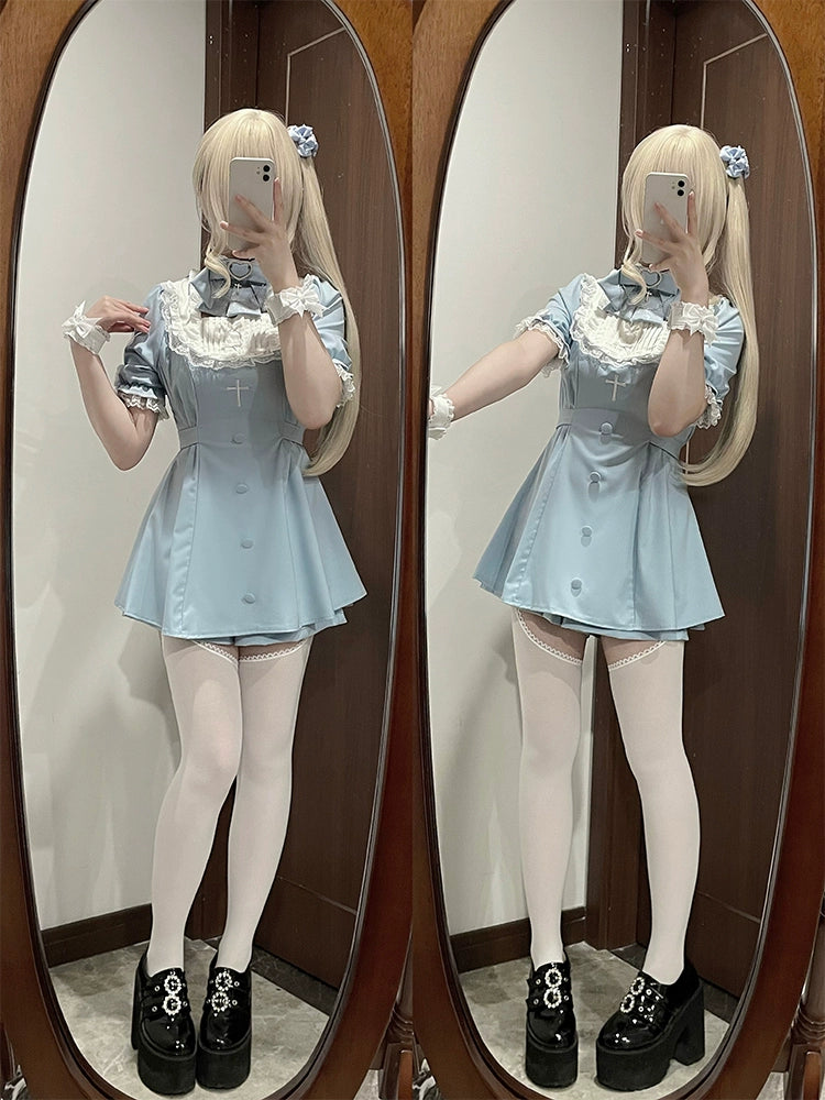 Jirai Kei Dress Set Short-sleeved Lace Knot Bow Dress Shorts (2XL 3XL 4XL L M S XL XS) 35108:559350
