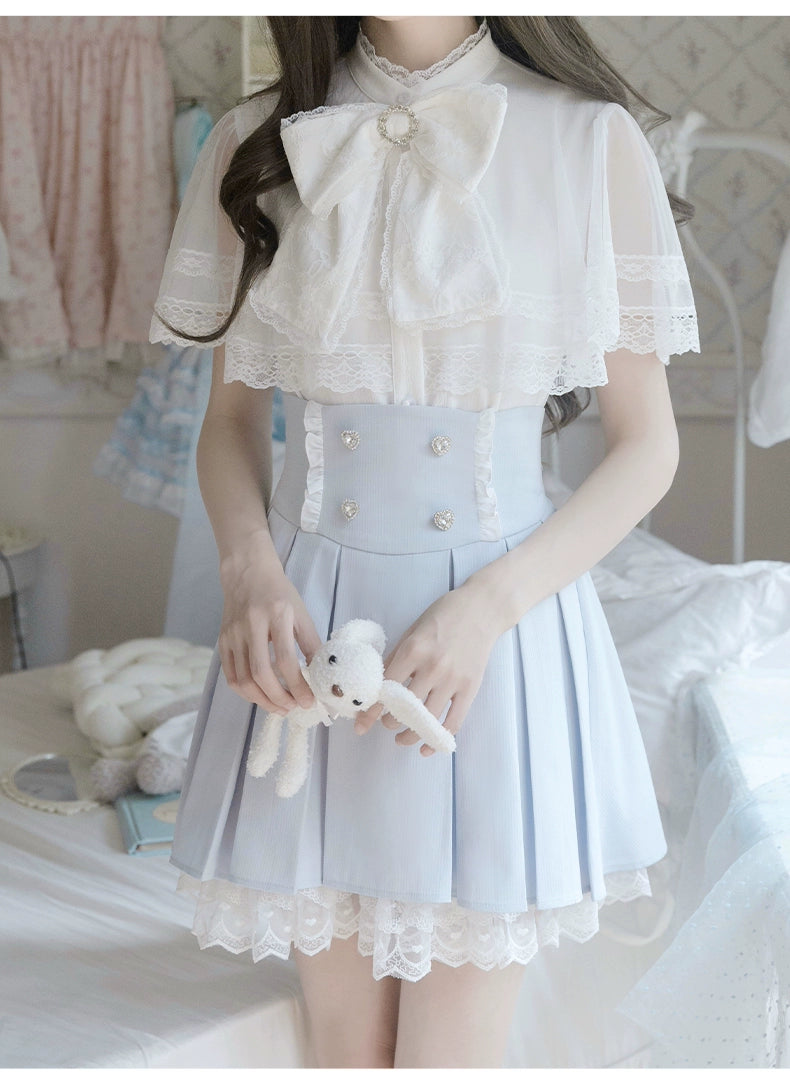 White Ryousangata Cape Blouse, BLue Pleated Skirt, Bow Tie 43066:764279