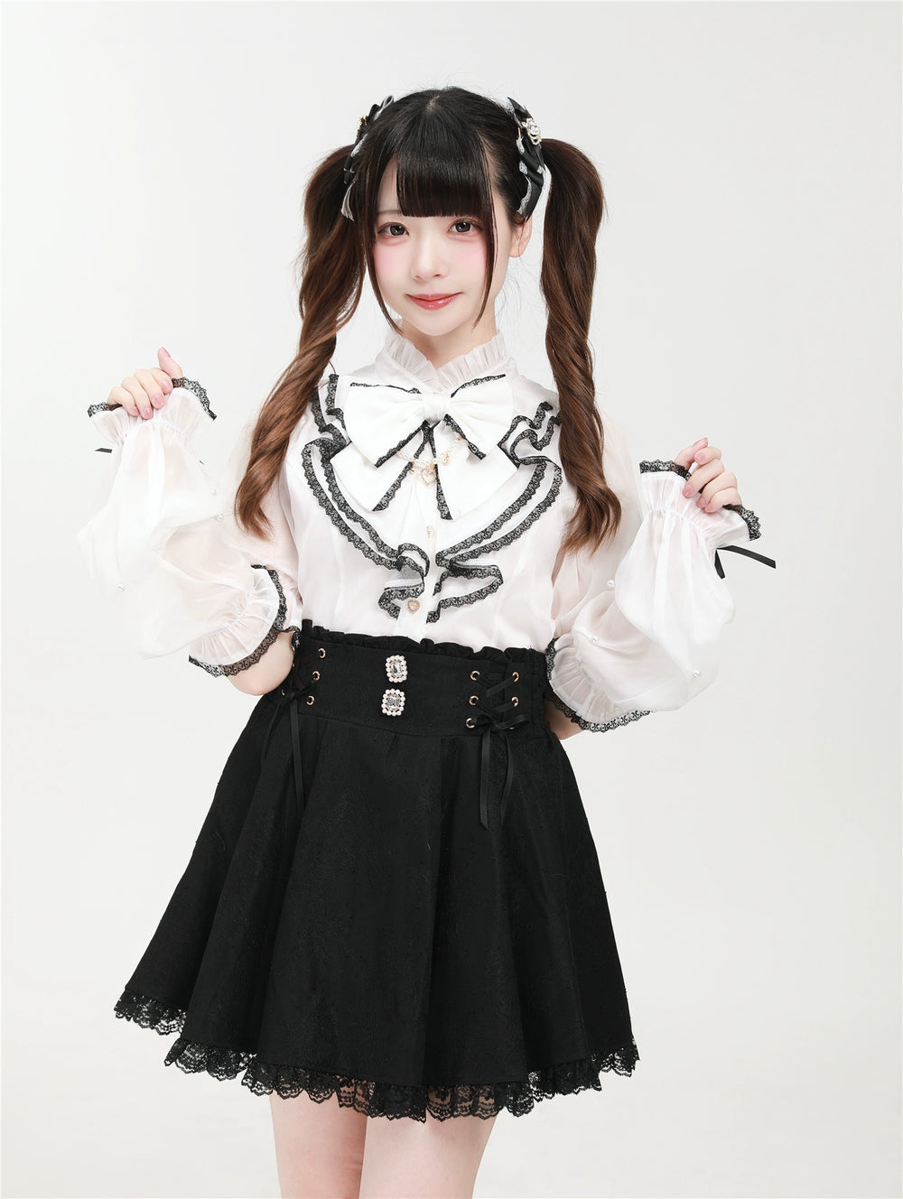 White Jirai Kei Blouse With Pearl Bowtie/Removable Cuffs (L M S XL) 43034:762483