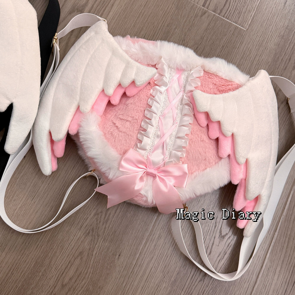 Black & Pink Jirai Kei Plush Bag with Angel Wings 43029:762405